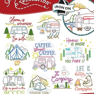 Camping Iron-on Embroidery Patterns - Stitcher&#39;s Revolution - #33 Camping Adventures - Aunt Martha&#39;s - Camper - Tent