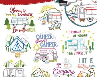 Patrones de bordado termoadhesivos para acampar - Stitcher's Revolution - #33 Aventuras de campamento - Casa rodante - Tienda de campaña