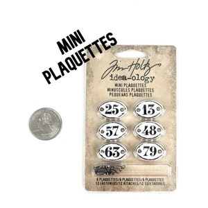 May include: A package of six silver-colored metal plaques with black numbers. The numbers are 13, 25, 48, 57, 63, and 79. The package includes 12 fasteners. The package is labeled "Jim Holtz idea-ology Mini Plaquettes, Minuscules Plaquettes, Pequeñas Plaquettes".