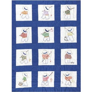 May include: A blue and white quilt with a pattern of 12 embroidered figures of children fishing. Each child is wearing a white hat and holding a fishing rod. The quilt is made of squares with a white background and a blue border.