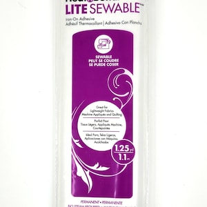 May include: A package of HeatnBond Lite Sewable iron-on adhesive. The package is purple and white and features a sewing machine icon. The text on the package reads "Sewable, Peut Se Coudre, Se Puede Coser". The package also includes the text "Great for Lightweight Fabrics, Machine Appliqués and Quilting". The package is 1.25 yards (1.1 meters) long.