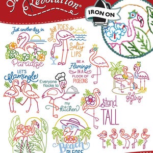 May include: Iron-on embroidery pattern featuring flamingo designs with phrases like "Paradise" and "Beach Please." The designs include flamingos with flowers, sunglasses, and chef hats. The pattern is titled "Flamingo Lingo."