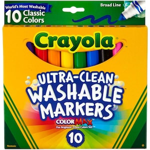 May include: A box of 10 Crayola Ultra-Clean Washable Markers in classic colors. The box is yellow with green accents and features the Crayola logo. The markers are arranged in a row and are labeled "ColorMax".