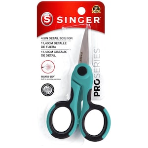 May include: A turquoise and black 4.5-inch detail scissor with a nano tip. The scissor is packaged in a clear plastic sleeve with a red and white label that says "Singer ProSeries".