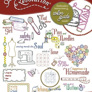 May include: A colorful illustration of sewing and crafting supplies, including pins, needles, scissors, a sewing machine, and a button. The text "Stitcher's Revolution" is at the top of the image, and the text "SR12 Sew Crafty" is below it. The text "Sew perfect" is in a heart shape, and the text "happiness is Homemade" is below it. The text "cute as a button" is below that. The text "Also for fabric painting, quilting, woodworking & more!" is at the bottom of the image.