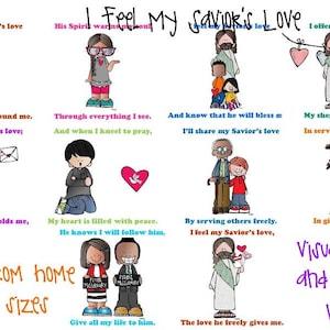 Puede incluir: Un póster imprimible colorido con ilustraciones de niños y un verso sobre sentir el amor de Dios. El texto dice "Siento el amor de mi Salvador" e incluye versos sobre compartir el amor de Dios, servir a los demás y dar para recibir. El póster está diseñado para imprimir en casa en tamaños de 8,5 x 11 pulgadas.