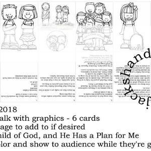 May include: Black and white coloring pages featuring illustrations of children and religious figures. The pages include text that reads "I Am a Child of God, and He Has a Plan for Me".