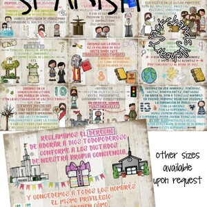 May include: A colorful printable chart with the text "Articles of Faith 1-13" and the title "Spanish". The chart includes illustrations of people, buildings, and objects related to the articles of faith. The chart is designed for use in a classroom or home setting.