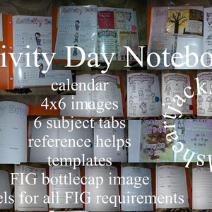 Op de afbeelding: Een verzameling oranje mappen met de tekst "Activity Day Notebooks" op de voorkant. De mappen bevatten verschillende pagina's met kalenders, 4x6 afbeeldingen, 6 tabbladen, referentiehulpmiddelen, sjablonen en labels voor alle FIG-vereisten. De mappen zijn gelabeld met de tekst "Activity Day" en "kalender, 4x6 afbeeldingen, 6 tabbladen, referentiehulpmiddelen, sjablonen, FIG-flesdop afbeelding, labels voor alle FIG-vereisten".