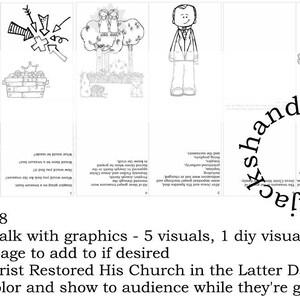 May include: Black and white coloring pages for a primary talk about the restoration of the Church of Jesus Christ of Latter-day Saints. The pages feature images of a treasure chest, arrows, a tree, a man in a suit, and a book. The text "treasure the gospel of Jesus Christ" and "Book of Mormon" are included.