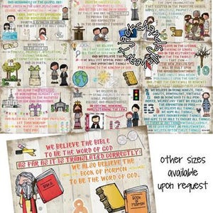 May include: A colorful print featuring illustrated articles of faith, with text and images. The print includes the text "We believe the Bible to be the word of God" and "Articles of Faith 1-13".