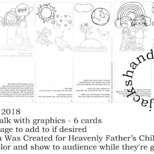 May include: A set of six black and white cards for a primary talk, featuring illustrations of the sun, earth, and people. Text includes "The Earth Was Created for Heavenly Father's Children" and "February 2018".