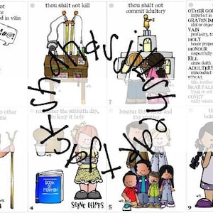 May include: Ten Commandments illustrated with cartoon characters. Each commandment is written in black text on a white background. The illustrations include a golden idol, a person praying, a person holding a hammer, a couple holding hands, a person holding a book, a person holding a bag of money, and a person holding a key.