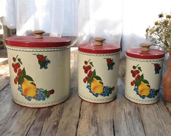 Antikes Vintage Kanister-Set mit Obstdesign im Landhausstil