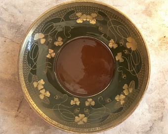 Art Nouveau earthenware loose pieces saucers plate by Sarreguemines, green and gold vintage dinnerware