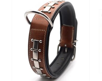 Waglie Dublin bruine en zwarte handgemaakte hondenhalsband met studs van echt leer