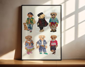 Vintage Retro Print, Trendy Wall Art, Retro Ralph Lauren Bears, Retro Collage Wall Art, Trendy Dorm / Home Decor, Digital Print
