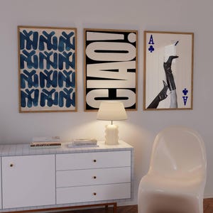 Set Of 3 Navy Wall Art Set, New York Retro Poster, Ciao Black And White Poster, Ace Navy Aesthetic, Trendy Printable Wall Art, Dorm Decor