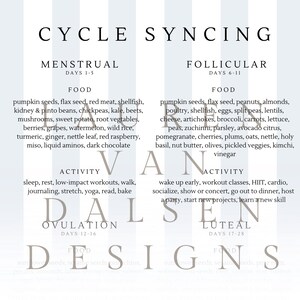 May include: A white infographic titled "Cycle Syncing" with text detailing food and activity recommendations for different phases of the menstrual cycle. The phases include Menstrual, Follicular, Ovulation, and Luteal.