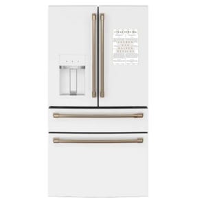 May include: A white refrigerator with a French door design, featuring brushed gold handles and a water dispenser. A magnet with the text "CYCLE SYNCING" and "LAUREN VAN DALSEN DESIGNS" is attached to the door.