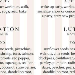 May include: A beige and white vertical striped background with text listing activities and food items. The text includes words like "activity", "food", and lists of foods such as sunflower seeds, salmon, and peaches.