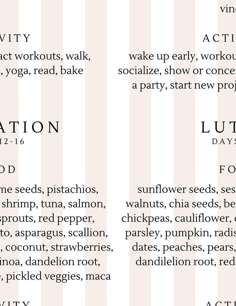 May include: A beige and white vertical striped background with text listing activities and food items. The text includes words like "activity", "food", and lists of foods such as sunflower seeds, salmon, and peaches.