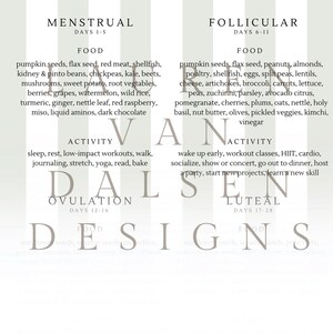 May include: A white and gray infographic titled "Cycle Syncing" with sections for Menstrual, Follicular, Ovulation, and Luteal phases. Each section lists food and activity recommendations. The text is in a sans-serif font.
