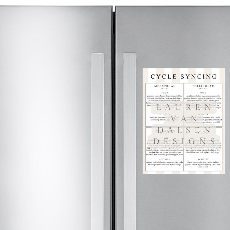 May include: A rectangular magnet with the text "Cycle Syncing" and lists of food and activities for the menstrual and follicular phases. The magnet is beige with a striped pattern and is attached to a stainless steel refrigerator.