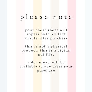 May include: Vertical striped background in pastel colors with the words "please note" in a serif font. The text below explains the digital product is a PDF file and will be available after purchase.