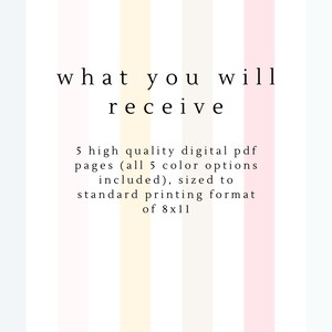 May include: White background with vertical stripes in pastel colors. Text reads "what you will receive" followed by details about digital PDF pages, including size 8x11.