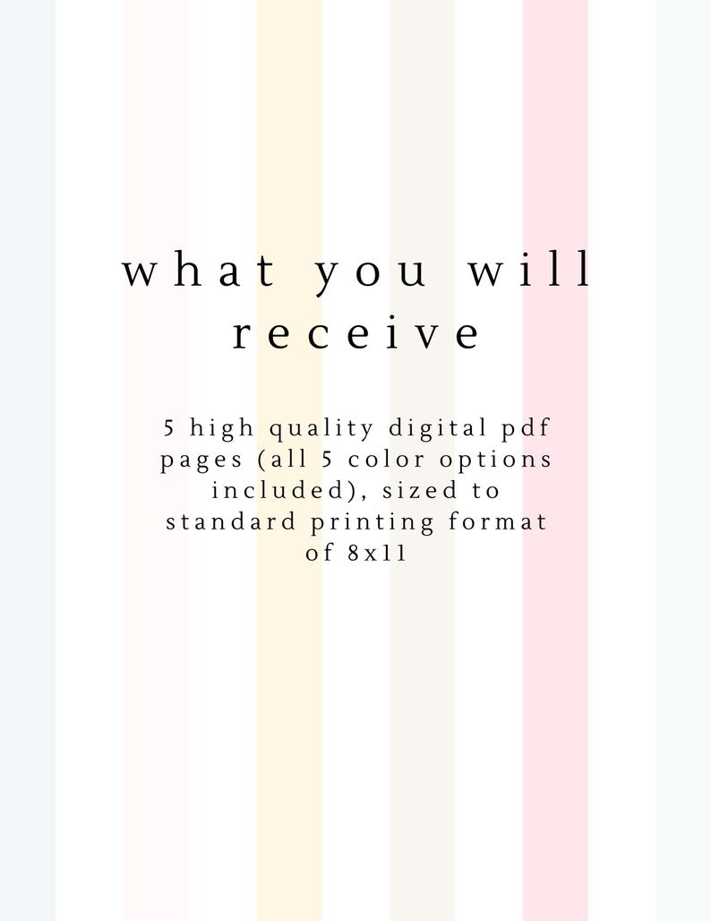 May include: White background with vertical stripes in pastel colors. Text reads "what you will receive" followed by details about digital PDF pages, including size 8x11.