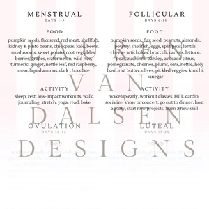 May include: A white and pink infographic titled "Cycle Syncing" with text detailing food and activity recommendations for menstrual, follicular, ovulation, and luteal phases. The text is in a sans-serif font.