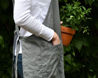 Ocean gray adjustable linen apron with ruffle, gray cross-back women's full apron, 100% exclusive, linen gift for her