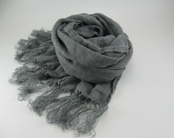 Skinny Pewter Gray Linen Scarf, Small Rustic Linen Scarf, Wrinkle Scarf