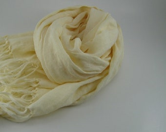 Small lightweight cream linen scarfwith hand knotted fringe, accent scarf, wedding scarf, bridesmaid scarf, linen gift