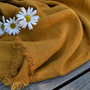Autumn yellow multi-purpose fringe linen tablecloth, mustard yellow country wedding table runner, rustic dining table, cottage home decor