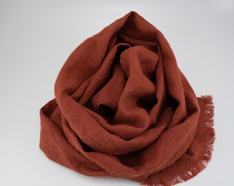 Rust linen scarf with fringe, small accent scarf, rustic autumn gift