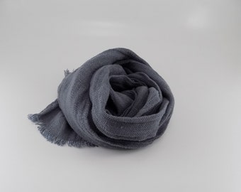 Skinny Slate Gray Linen Scarf, Rustic Wrinkle Scarf, Small Decorative Scarf