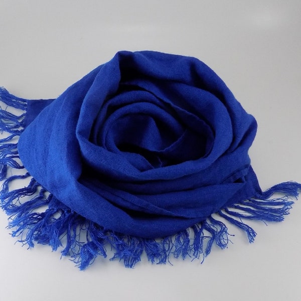 Royal blue linen scarf with hand knotted fringe, blue skinny accent scarf, blue gift, linen gift for friend