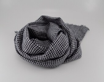 Black and white houndstooth linen scarf, small fringe accent scarf, gift for friend