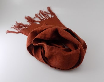 Small orange rust linen scarf with hand knotted fringe, skinny burnt orange accent scarf, linen gift