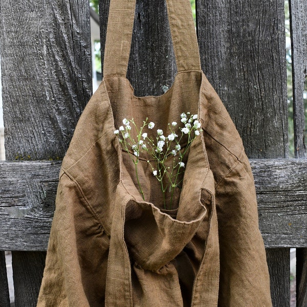 Ginger brown linen tote bag with pleats, washable beach bag, shopping bag, grocery tote with hidden loop, 100% Exclusive, linen gift for her