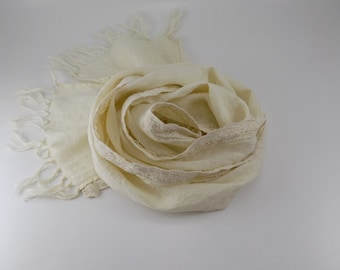 Ivory linen scarf with cotton lace, wedding scarf, skinny fringed scarf, small accent scarf, 100% Exclusive linen gift