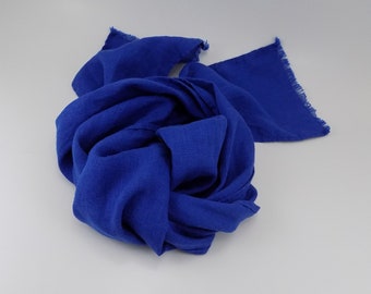 Royal blue linen scarf, small fringed accent scarf, gift for her, blue scarf for him