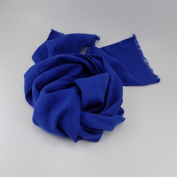 Royal blue linen scarf, small fringed accent scarf, gift for her, blue scarf for him