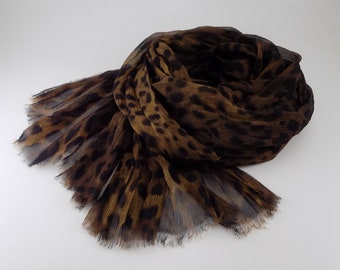 Black and brown leopard print mulerry silk scarf, small lightweight wrinkled scarf, fringed long scarf, gifts for sister