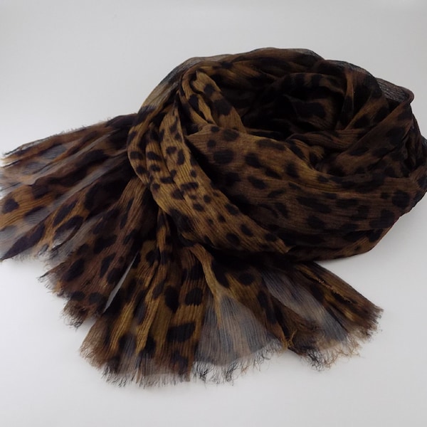 Black and brown leopard print mulerry silk scarf, small lightweight wrinkled scarf, fringed long scarf, gifts for sister