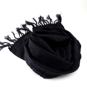 Black Linen Scarf: Lightweight Knotted Fringe Scarf