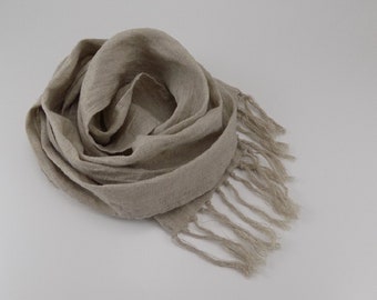 Natural dye free linen scarf with hand knotted fringe, small lightweight accent scarf, linen gift