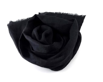 Lightweight black linen scarf, small finged scarf, accent scarf, linen gift for him